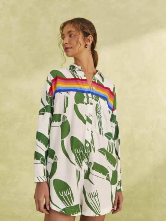 FARM Rio Pants - FARM Rio White Romper with Green Parrot Print and Rainbow Stripe
